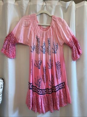 Ashley Taylor Pink Blue Printed Midi/Mini Dress, Pineapple, Coral, beads, lace